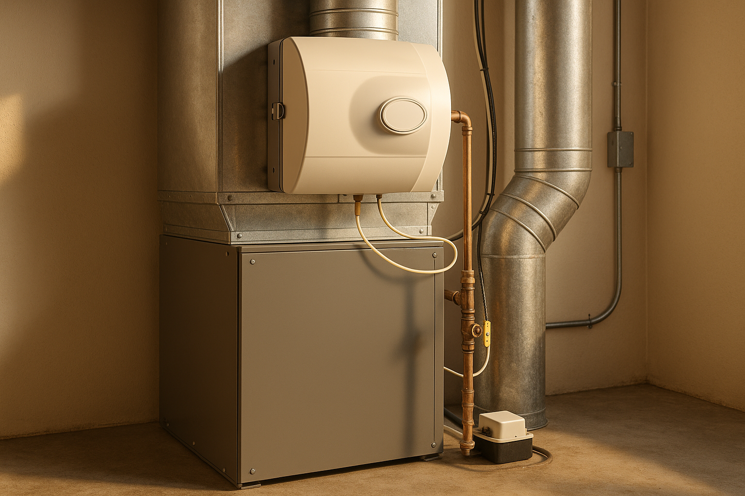 Mechanical room with furnace and whole-house humidifier on supply plenum, tidy tubing, drain line, and electrical conduit in warm daylight.