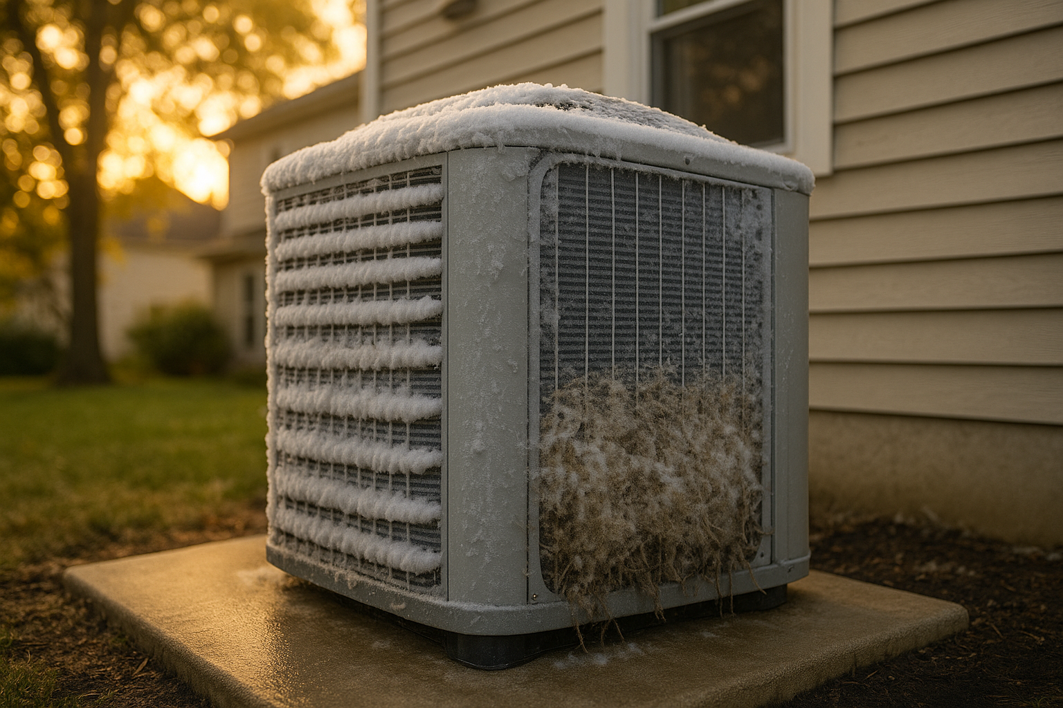 Iced outdoor condenser unit with cottonwood debris in golden-hour suburban yard.