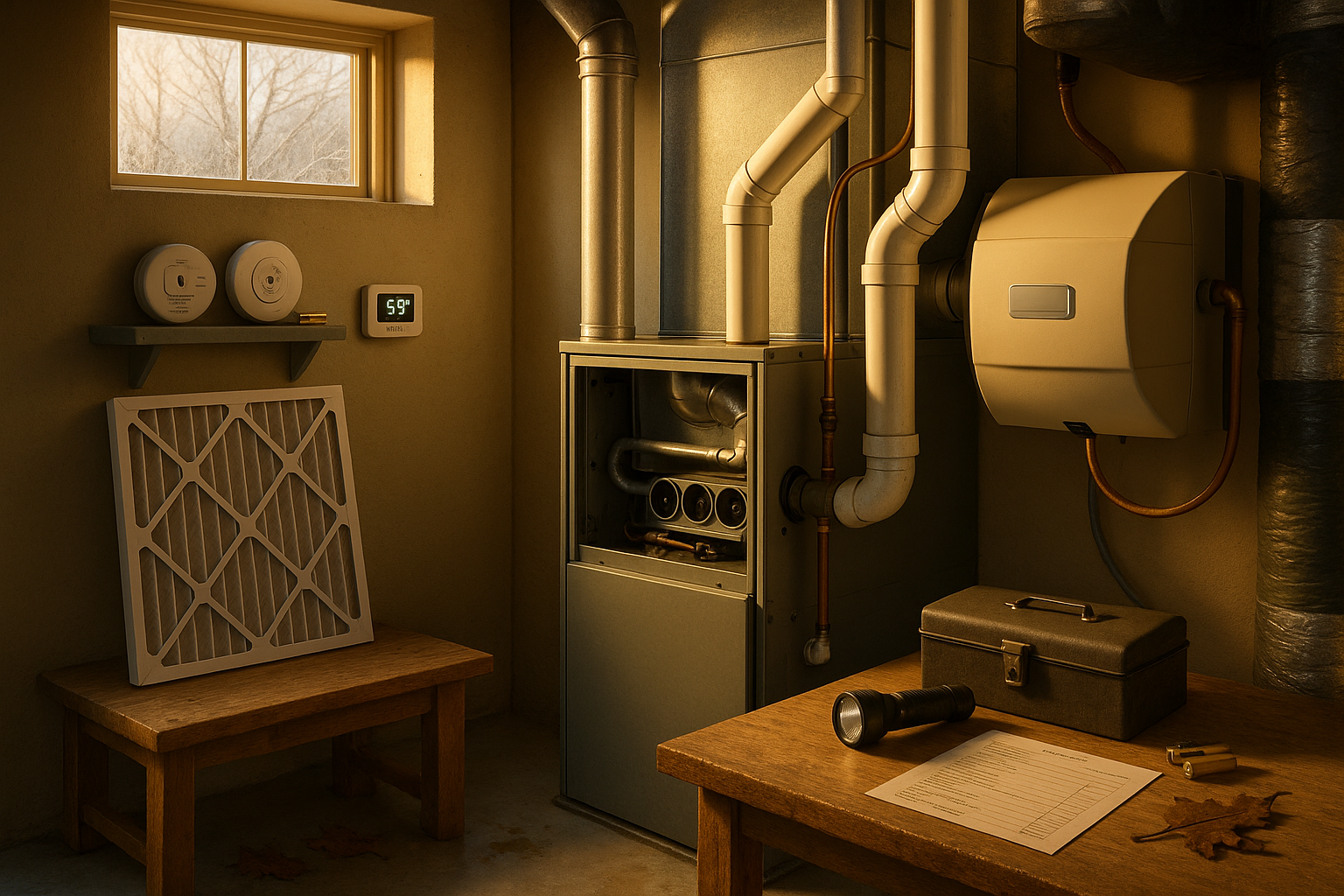 Basement utility scene: open furnace, pleated MERV 8-11 filter on bench, thermostat 69°F, humidifier pad, toolbox; warm golden-hour light.