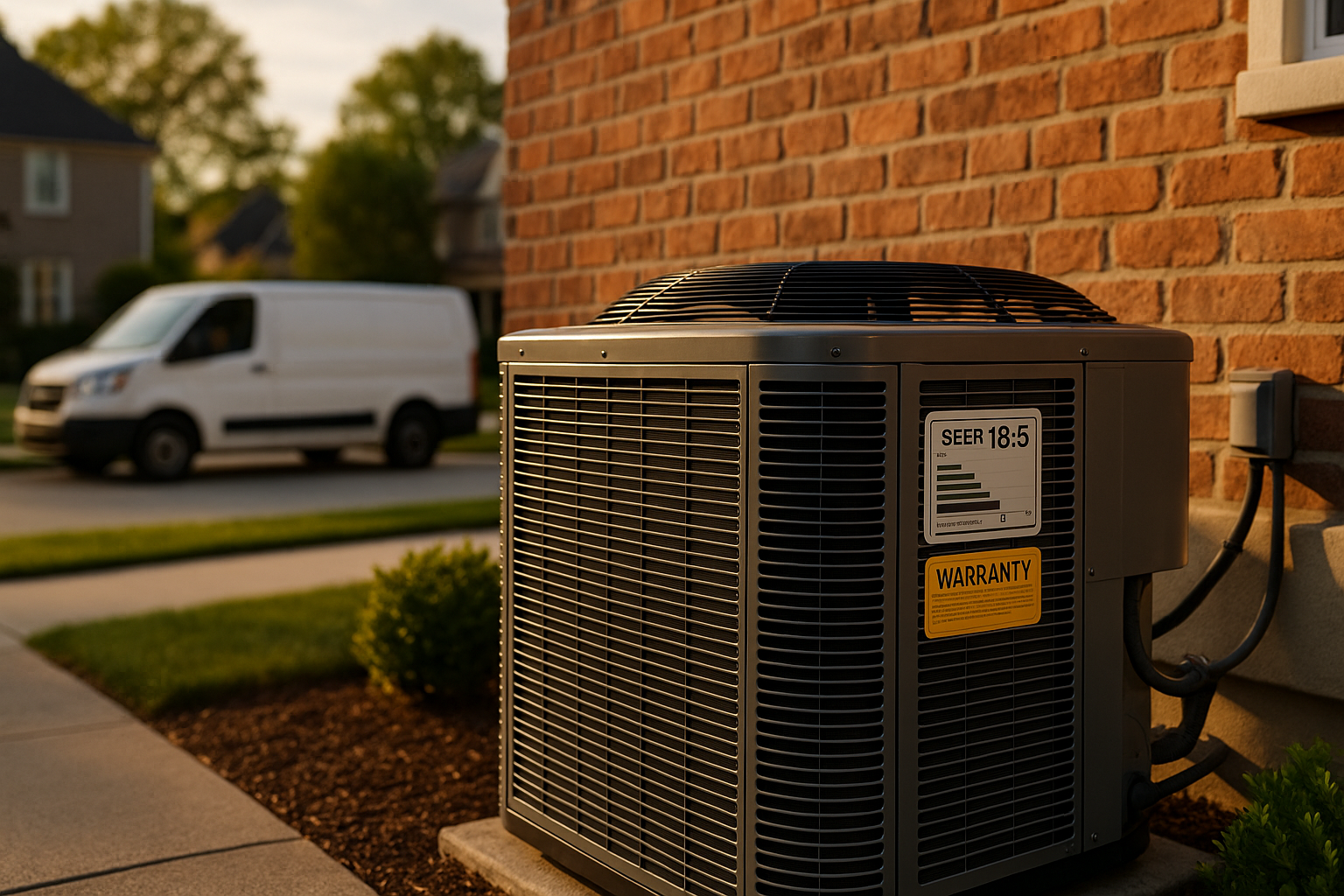 Condenser by red brick Zionsville home at golden hour, visible SEER label, unbranded service van in driveway.