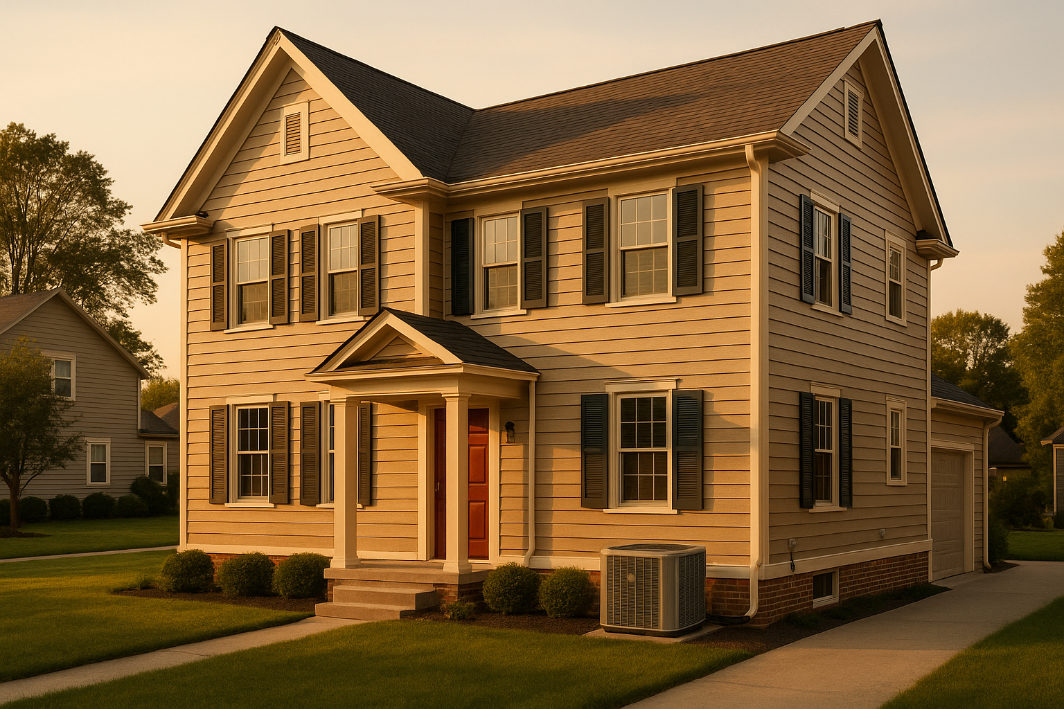 Two-story Meridian-Kessler colonial at golden hour with condenser at foundation, warm light, suburban Indianapolis street.